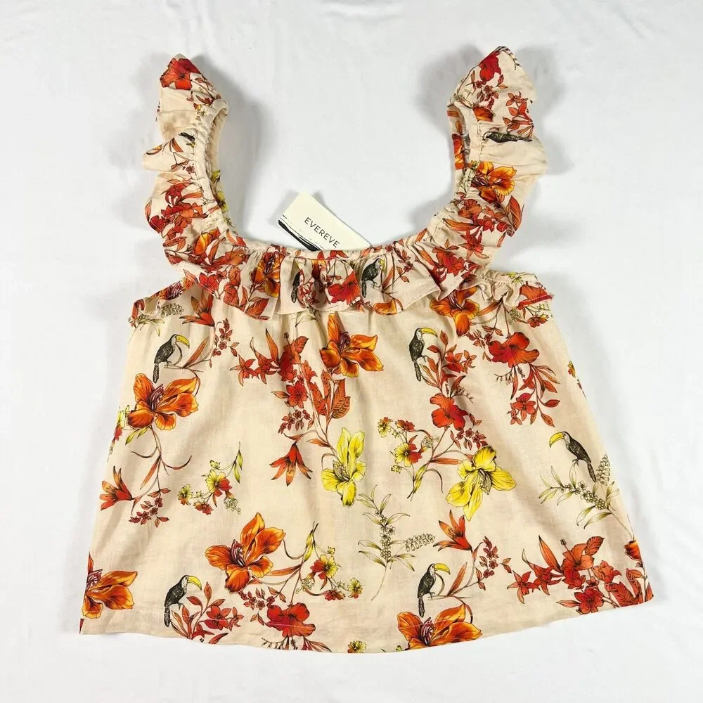 NWT‎ Evereve Char Floral Flutter Tank S Linen Ruffle Butter Yellow Feminine Boho - Picture 3 of 8